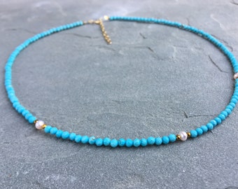Turquoise Beaded Necklace, Dainty Turquoise Choker, Turquoise and Pearl Necklace, Blue Gemstone Choker, December Birthstone, Gold Filled