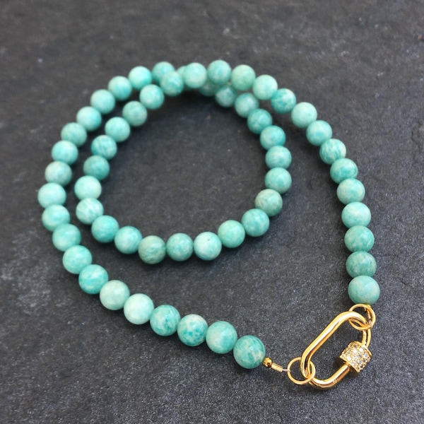 Amazonite Beaded Necklace: Calming Blue Gemstone Choker, Gold Carabiner Charm Holder Clasp, Bold Bead Gift for Her