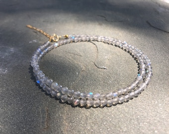 Labradorite Beaded Necklace, Dainty Labradorite Choker, Layering Basic Necklace, AAA Blue and Gold Flash Labradorite Jewelry, Gift for Her