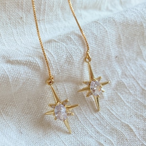Gold Star Threader Earrings, North Star Ear Threader, Starburst Long Threader, Celestial Earrings, Star Chain Earrings, Gold Gift for Her