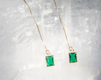 Emerald Green Crystal Threader Earrings, Dainty Gold Threader, Emerald CZ Threader, Long Chain Earrings, 14K Gold Filled, Gift For Her
