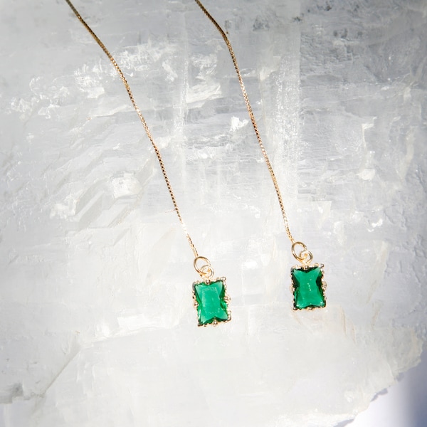 Emerald Green Crystal Threader Earrings, Dainty Gold Threader, Emerald CZ Threader, Long Chain Earrings, 14K Gold Filled, Gift For Her