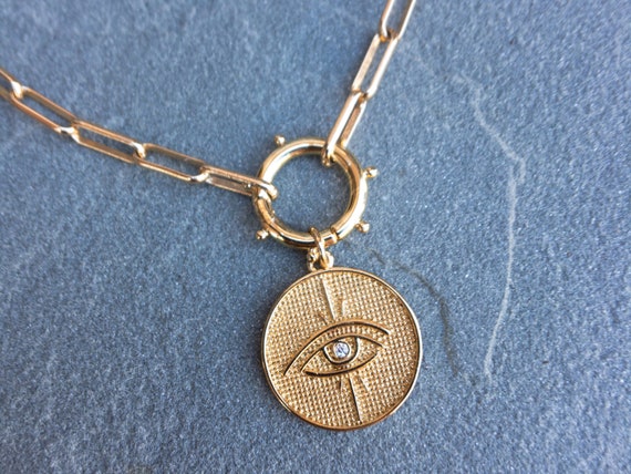 Evil Eye Charm Necklace Paperclip Chain 
