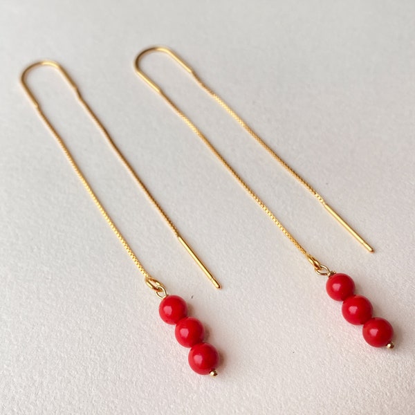 Gold Coral Earrings, Coral Threader Earrings, Gold Coral Drop Earrings, Gold Long Chain Earrings, Genuine Coral Earrings, Red Coral Earrings