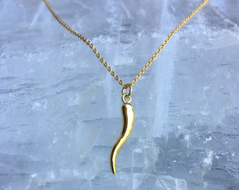 Italian Horn Necklace, Gold Cornicello Charm, 14K Gold Italian Horn Charm, Chili Pepper Necklace, Handmade Gift for Her, Italian Horn