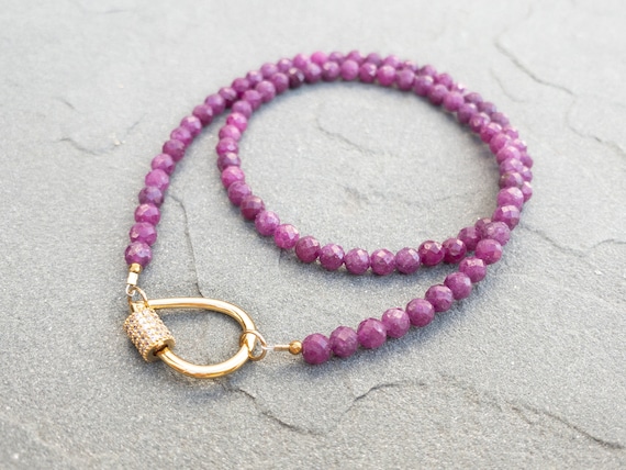 Ruby Beaded Necklace with Gold Oval Clasp, Genuine Raw Ruby Crystal, Gold Carabiner Charm Holder, Layering Red Gemstone Choker