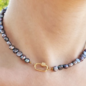 Pearl Beaded Necklace, Pearl Choker, Dark Grey Peacock Pearl, Stack Layered Necklace, Gold Carabiner Charm Holder, Natural Black Pearl, Gift