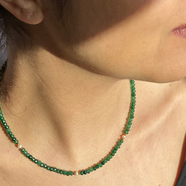 Green Jade Necklace, Green Jade Choker, Jade Beaded Necklace, Green Gemstone Choker with Pearl, Gemstone Dainty Necklace, Gold Filled