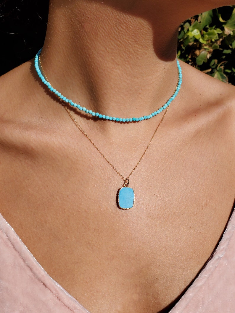 Turquoise Pendant Necklace, Dainty Turquoise Charm Necklace, Gold Blue Pendant, Gift For Her, Gold Layering Necklace, Gemstone Jewelry image 4