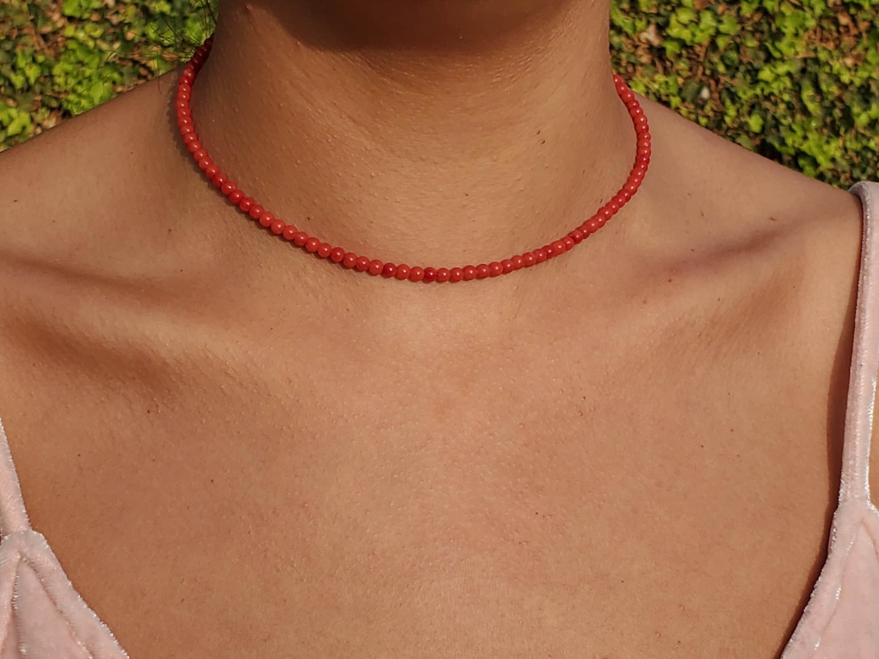 Coral Choker, Red Beaded Choker, Coral Layering Necklace, 4mm Coral Bead Necklace, Red Coral Choker Necklace, Delicate dainty Necklace