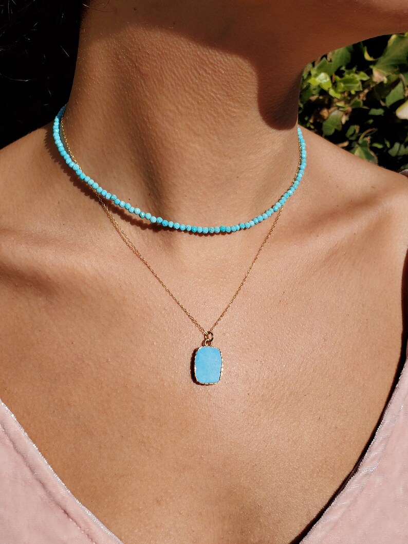 Turquoise Pendant Necklace, Dainty Turquoise Charm Necklace, Gold Blue Pendant, Gift For Her, Gold Layering Necklace, Gemstone Jewelry image 2