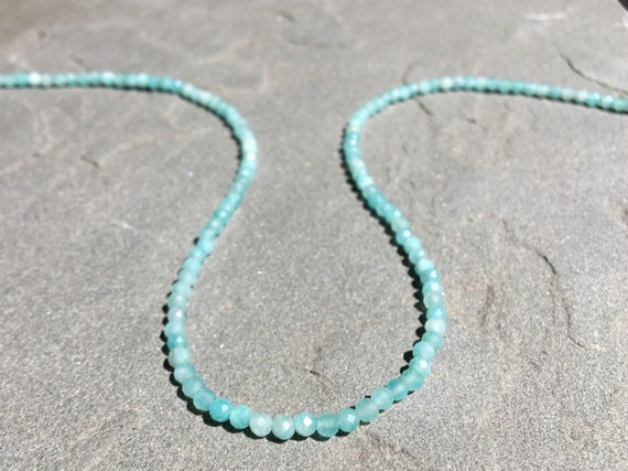 Amazonite Bead Necklace: Genuine Amazonite Gemstone Choker, Dainty Aqua Blue Amazonite Crystal and Adjustable Gold-Filled Clasp