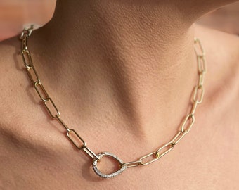 Gold Carabiner Necklace, Gold Charm Holder, Oval Link Chain Choker, Large CZ Teardrop Diamond Carabiner Clasp, Statement Layering Necklace