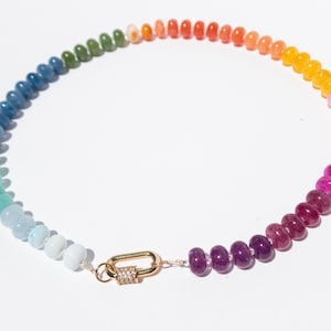 Colorful Gemstones Necklace, Rainbow Bead Necklace, Candy Opal Gemstone Jewelry, Gold Carabiner Multi-Color Pastel Quartz Choker, Women Gift