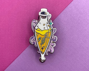 May include: A yellow and gold potion bottle with a swirling purple and white design. The bottle has a cork stopper and a green leaf inside.