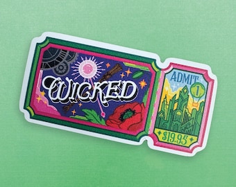 Pegatina de vinilo de Wicked Ticket / Musical de Broadway / Elphaba Glinda / Botella de agua para portátil