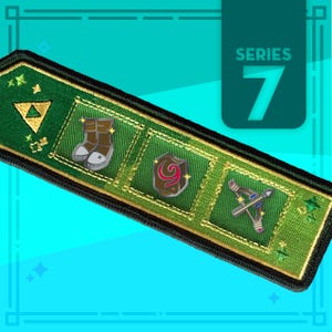 May include: A rectangular green embroidered patch with a black border, featuring the text SERIES 7. It displays four square sections containing a gold triangle, brown boots, a brown shield with a red swirl, and a bow and arrow, all accented with stars.