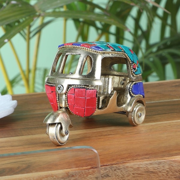 Gemstone Work Vintage Style Auto Rickshaw Miniature Brass Decor Showpiece, Indian Handmade Auto Rickshaw, Tuk Tuk Art