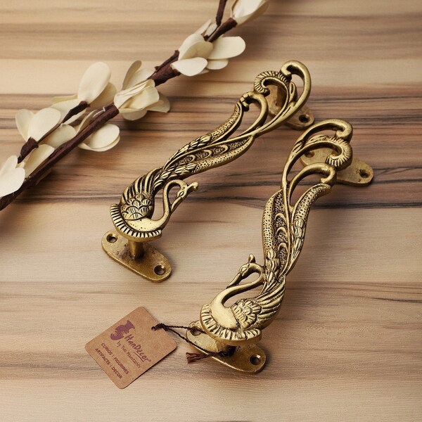 Peacock Design 7 Inches Brass Door Handle Pair, Handles for Kitchen, Handles for Cabinets, Handles for Doors,Main Door Handles