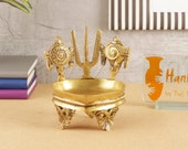 Shankh Chakra Namah Design Brass Diya Over Carved Legs, Brass Diya for Temple, Decorative Diyas for Home, Brass Decorative Oil Lamp