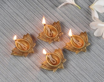 Lotus Shaped Decor Brass Diya 2.5 Inches Set of 4, Home Decoration Item Gift,Lotus Brass Diyas Oil Lamp Pooja, Housewarming Gifts (Set of 4)