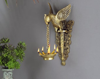 Parrot Design Wall Hanging Diya, Indian Decor Diya, Brass Oil Lamp, Hanging Diya for Home Decor