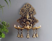 Panchdeep Ganesha Carving Hanging Brass Diya with Bells, Indian Decor Diya, Pooja Decor, Brass Oil Lamp, Handmade Lamp, Indian Homeware