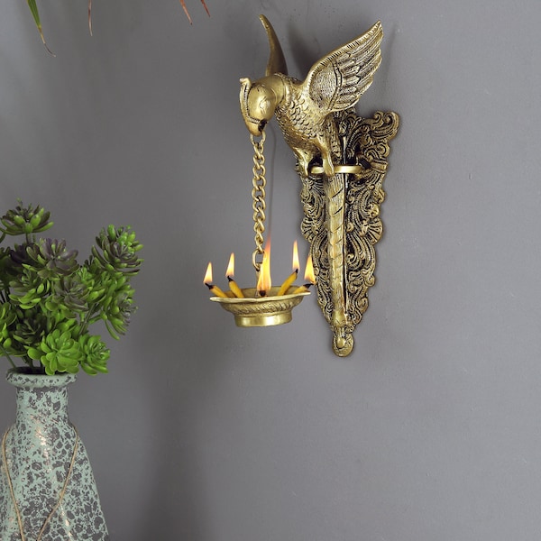 Parrot Design Wall Hanging Diya, Indian Decor Diya, Brass Oil Lamp, Hanging Diya for Home Decor