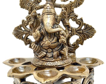 Brass Panchdeep Ganesha Carving Diya, Indian Decor Diya, Pooja Decor, Brass Oil Lamp