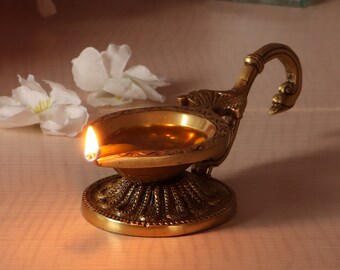 Ethnic Handcarved Brass Diya with Curved Handle, Brass Indian Diya Lamp, Brass Decorative Diya, Handmade Lamp, Brass Diya for Home Temple