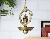 Brass Handmade Ganesha Design Oil Wick Hanging Diya, Brass Oil Lamp, Hanging Diya for Home Decor