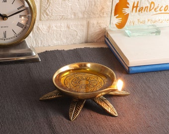 Brass Oil Diya Bowl Over Five Leaves Base, Home Decor, Brass Oil Diya Lamp, Handmade Lamp, Indian Decor Diya, Indian Homeware