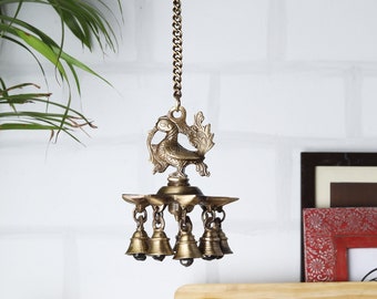 Peacock Design Brass Hanging Diya with Bells, Indian Handmade Diya, Handmade Lamp, Hanging Brass Bell