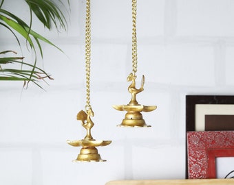 Brass Peacock Hanging Diya Set, Brass Indian Diya Lamp, Brass Decorative Diya Pair , Indian Brass Decor , Brass Temple Diyas