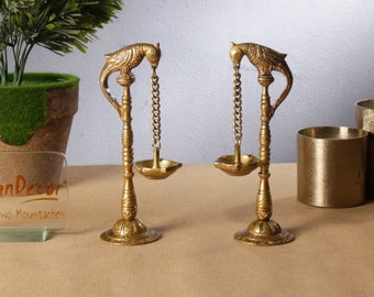 Parrot Design Diya 7.5 Inches Brass Hanging Oil Wick Diya Pair (Pack of 2), Oil Diya Lamp, Handmade Lamp, Parrot Brass Diya for Home Temple