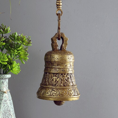 Vintage Brass Temple Bell With Peacock on Chain Indian Decor Etsy