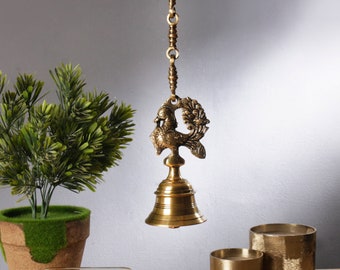 Vintage Brass Temple Bell with Peacock On Chain, Indian Decor Entrance, Chain for Home Temple, Hallway, Porch Or Balcony (Antique Finished)