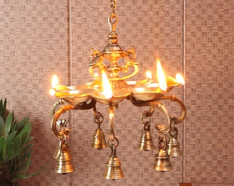Twin Peacock Over 7 Oil Wick Brass Hanging Diya with Bells, Indian Decor Diya, Pooja Decor, Brass Oil Lamp, Handmade Lamp, Indian Homeware