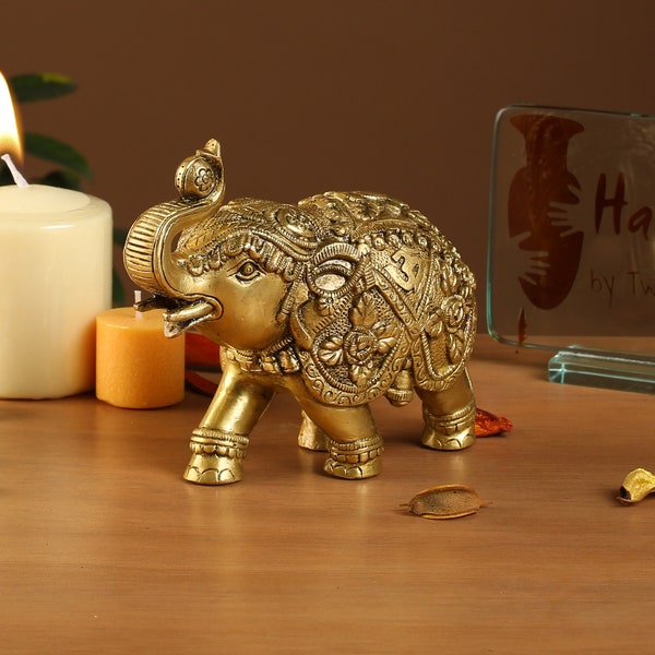 Elephant with Om and Indian Symbol Swastika Carving Brass Decor Showpiece, Indian Decorations, Indian Houseware, Brass Elephant Figurine