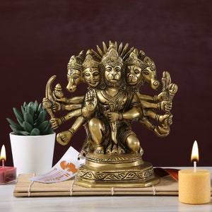 Seated Panchmukhi Hanuman Brass Statue, Hindu Monkey Deity Brass Hanuman Statuette, Hindu God Idols, Bajrang Bali Statue