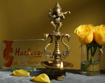 Dancing Ganesha Brass Oil Diya with Base, Home Decor, Brass Oil Diya Lamp, Handmade Lamp, Indian Decor Diya, Indian Homeware