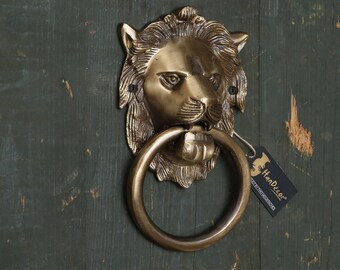 Brass Lion Design Door Knocker with Ring- Antique Brass Finish, Door Decoration, Front Door Decor, Metal Door Decor, Home Decor