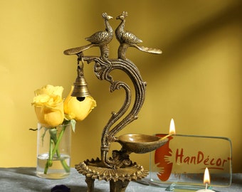 Ethnic Carved Twin Peacock Over Brass Diya, Indian Decor Diya, Brass Oil Lamp, Indian Houseware, Brass Decorative Diyas