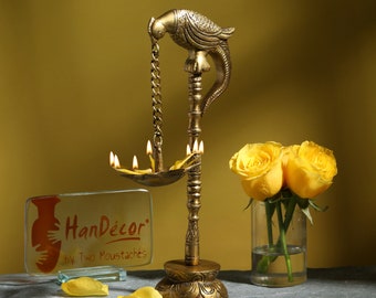 Home Decor Parrot Design Brass Diya 11 Inches, Oil Diya Lamp, Handmade Lamp, Parrot Brass Diya for Home Temple