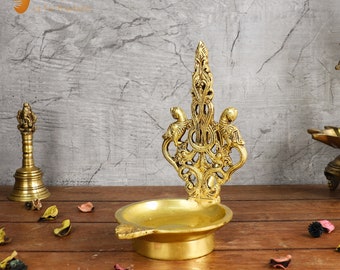 Twin Annapakshi Design Ethnic Carved 8 Inches Brass Oil Diya, Brass Peacock Diya Oil Lamp, Brass Table diya