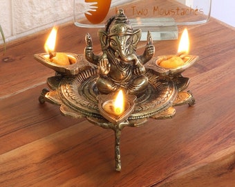 Brass Ganesha on Lotus with Three Leaf Design Diya, Brass Lamp India, Brass Diya Lamp