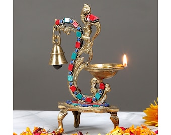 Gemstone Work Ethnic Carved Peacock Design Brass Diya with Bell , Brass Peacock Oil Lamp, Indian Return Gifts , Housewarming Gifts