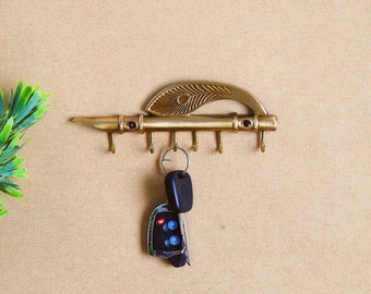 Lord Krishna's Flute and Peacock Quills Brass Key Holder with 6 Hooks, Brass Key Hook