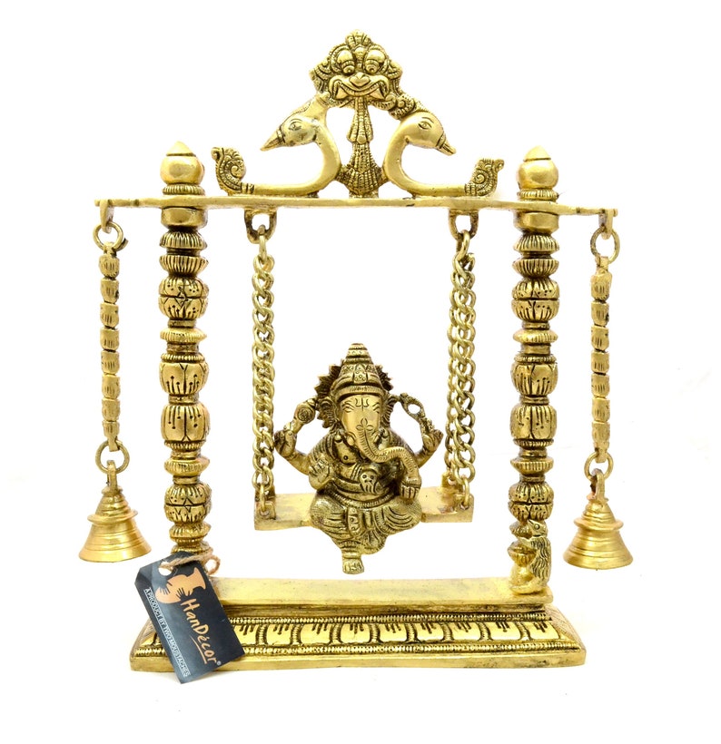 Showpieces for Home Decor Ganesha on Jhoola Swing with Bells Brass Showpiece Indian Decor Art Indian Art Showpieces