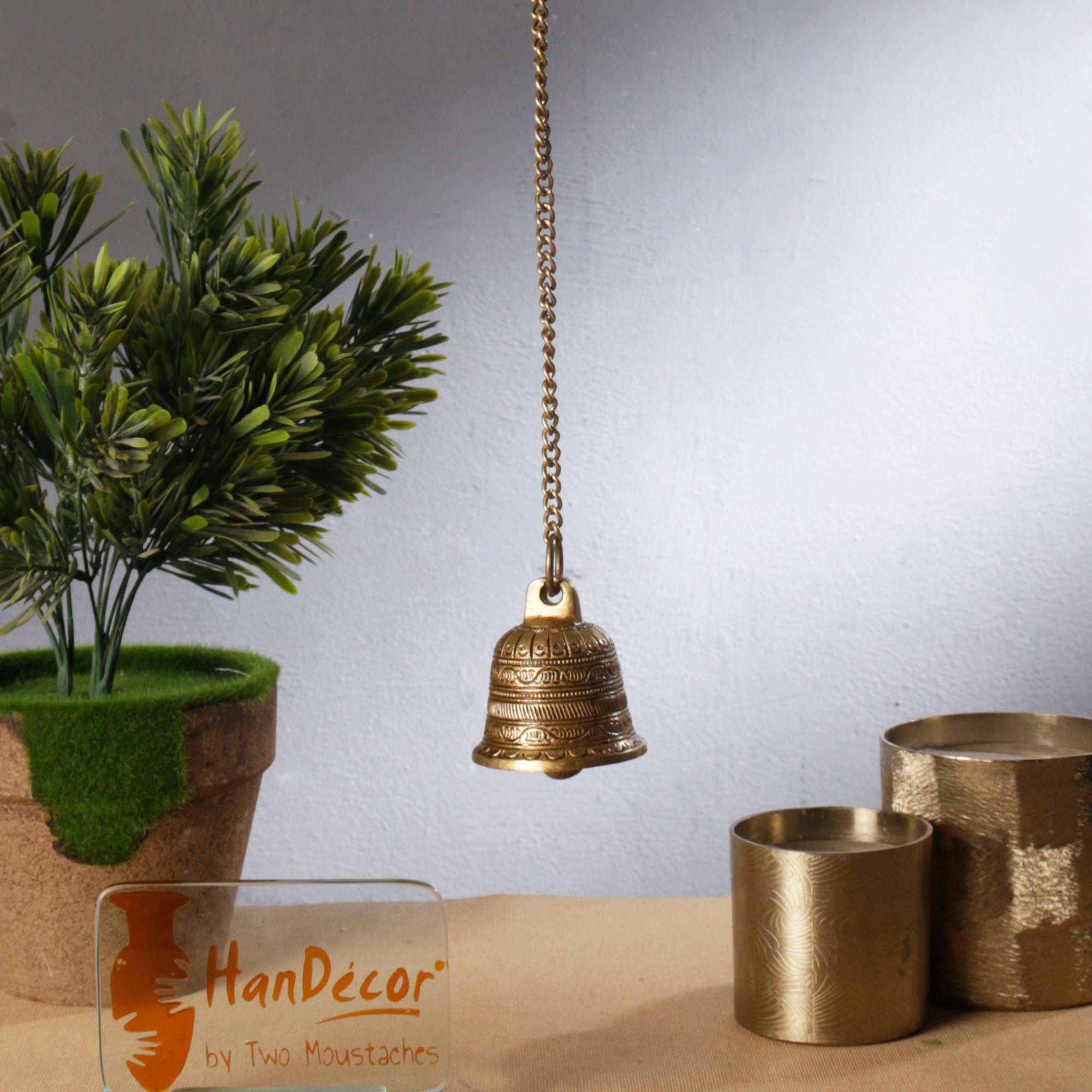 Set of 2 Brass Wall Hanging Bells Home Temple 3 x 4 Inch- Chain